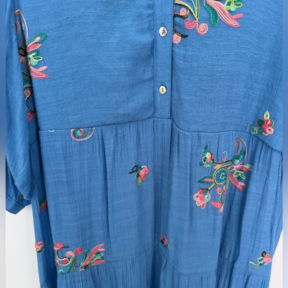 Anthropologie Fig And Flower Dress Womens XL Blue Tiered Embroidered Maxi - Picture 3 of 7